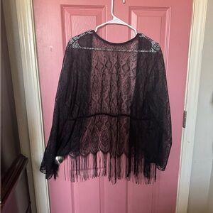 Boho Black Lace Fringe Kimono Cover-Up